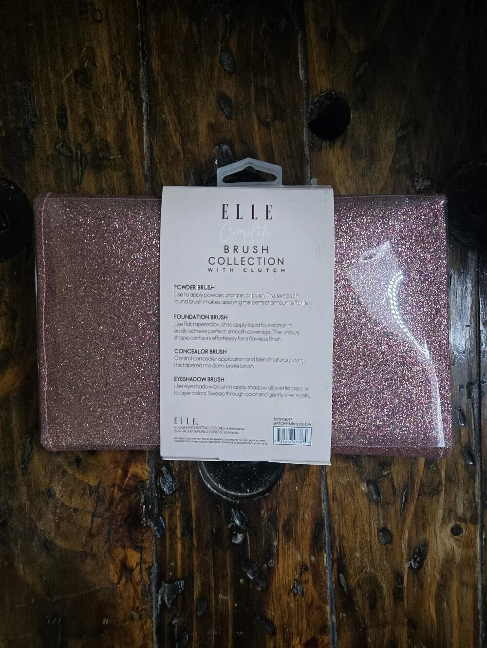 ELLE Complete 4-Piece Makeup Brush Collection with Pink Glitter Clutch